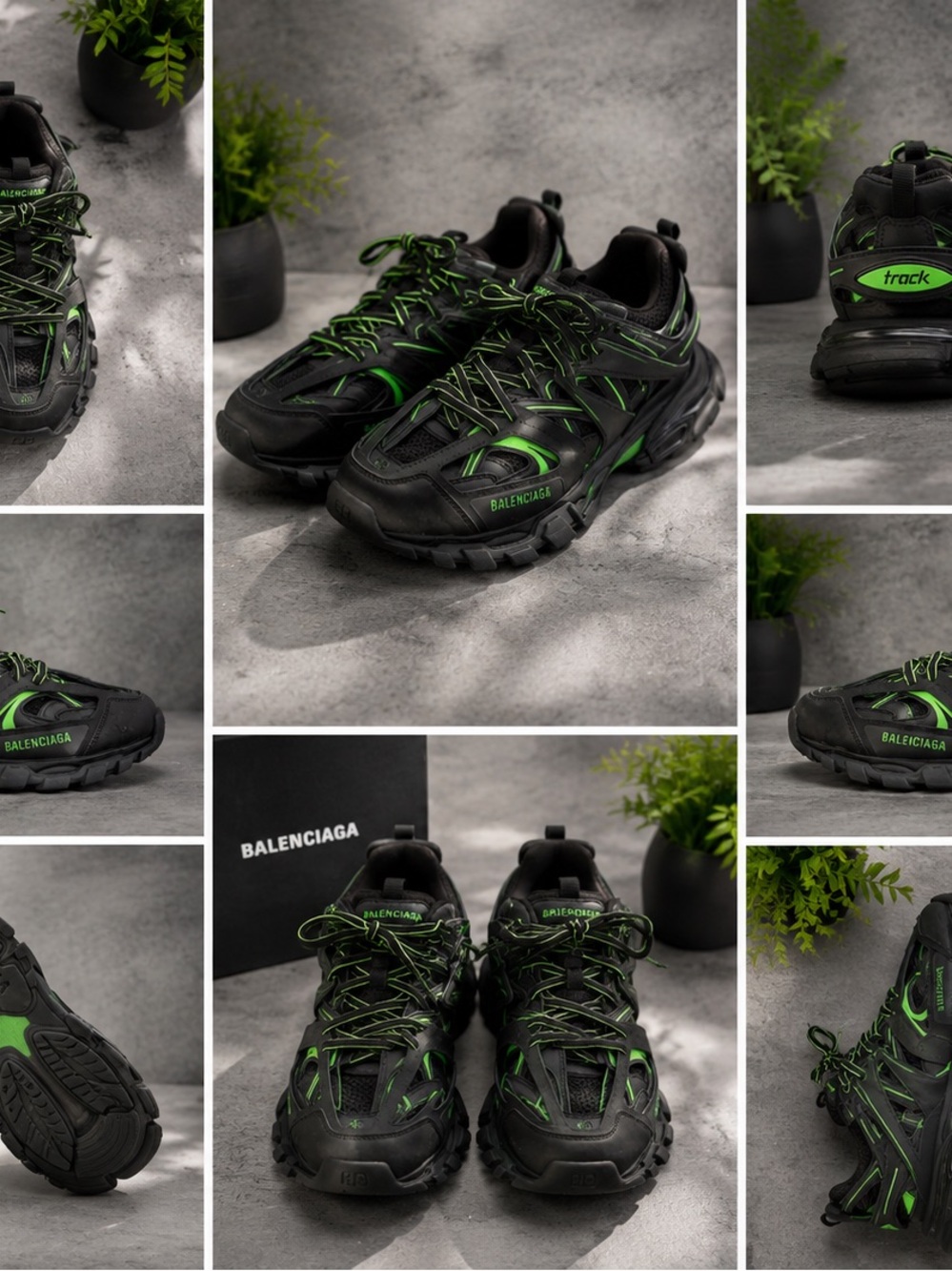 Balenciaga Men’s Track Sneakers — Black with Green Details